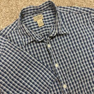 LL Bean Seersucker Short Sleeve Button Down Shirt Blue Gingham Check Mens Large